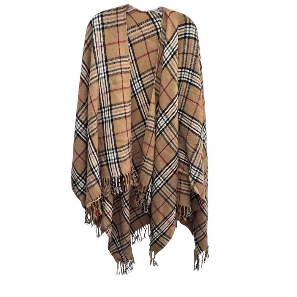 Women's Blanket Poncho Shawl Fringe Wrap One Size Brown Red Black White Plaid